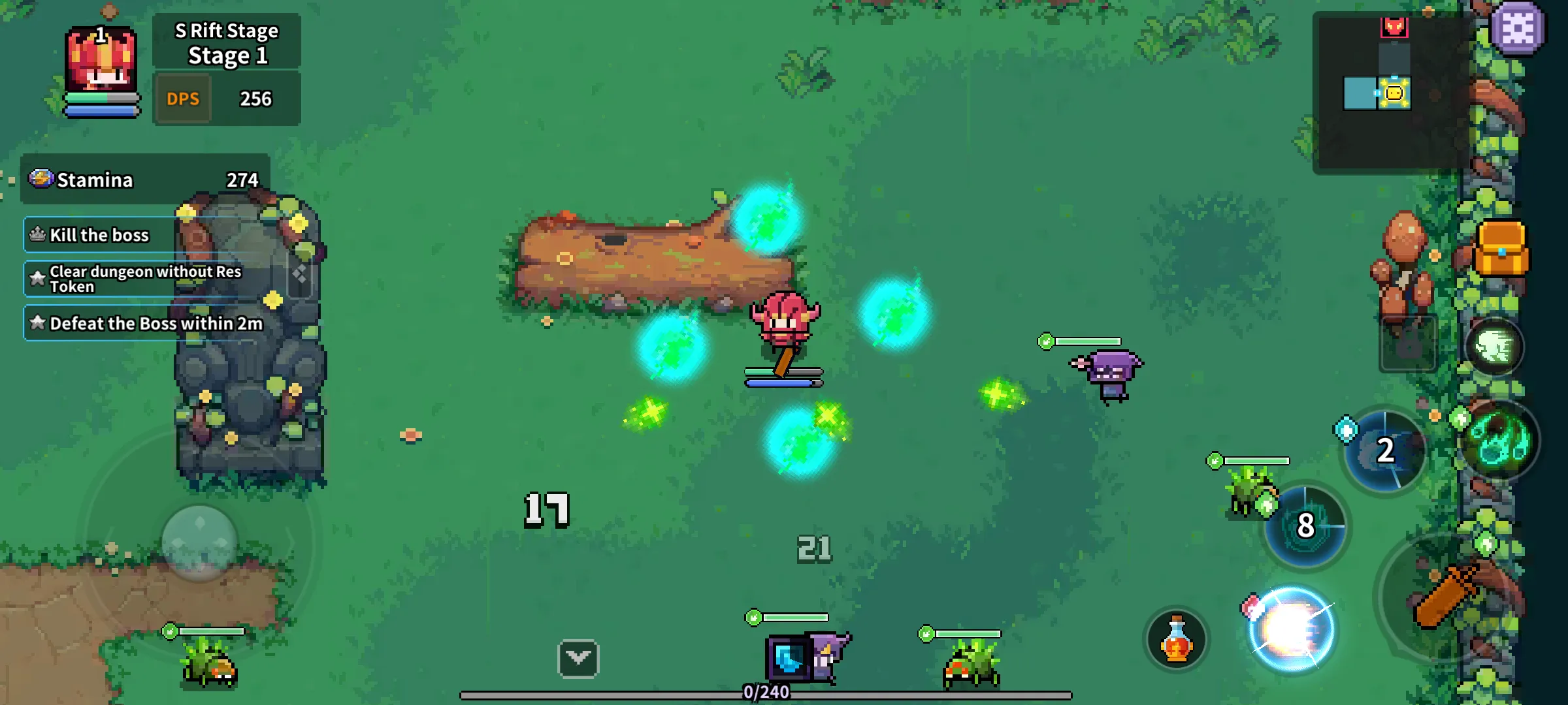 The Warrior fighting goblins and slimes in a forest dungeon room
