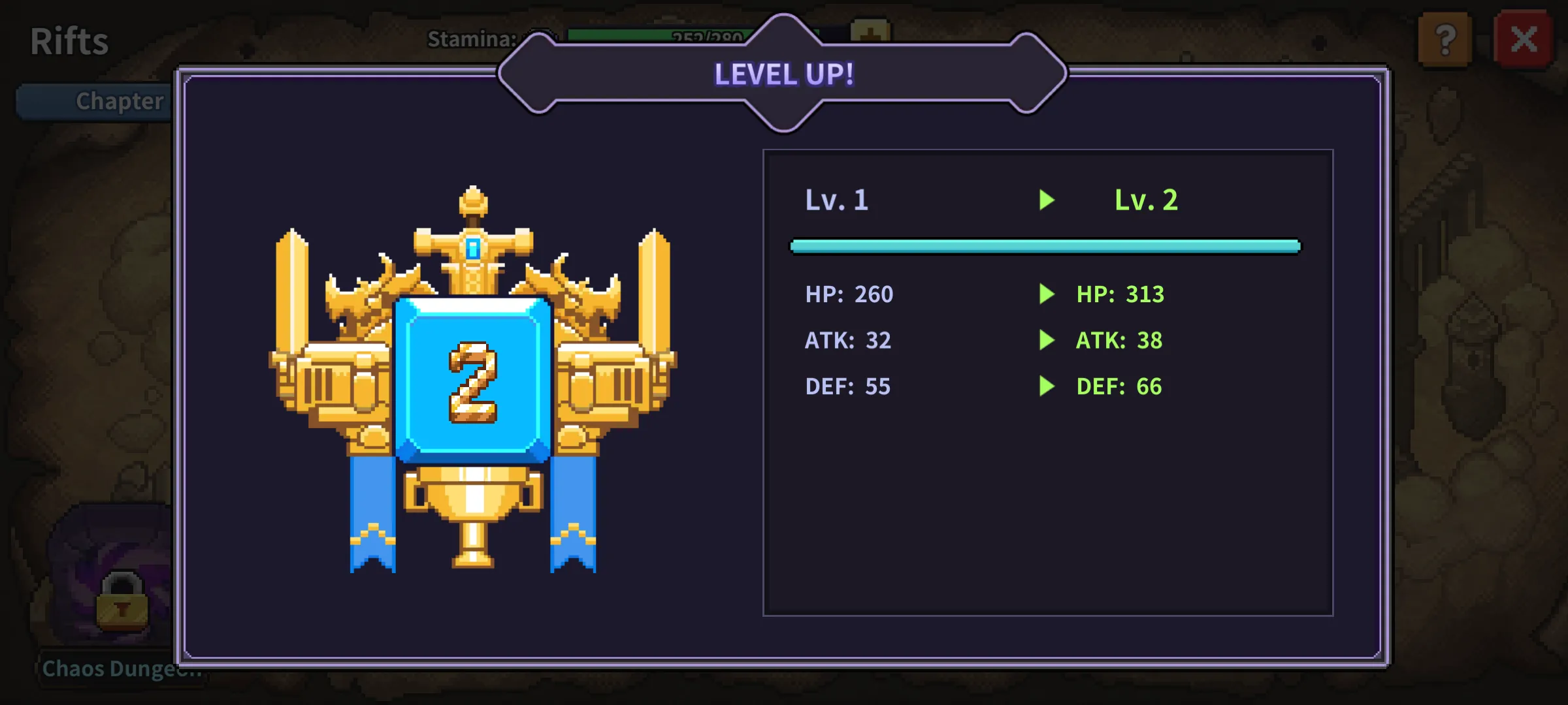 The level-up screen showing HP, ATK and DEF increasing