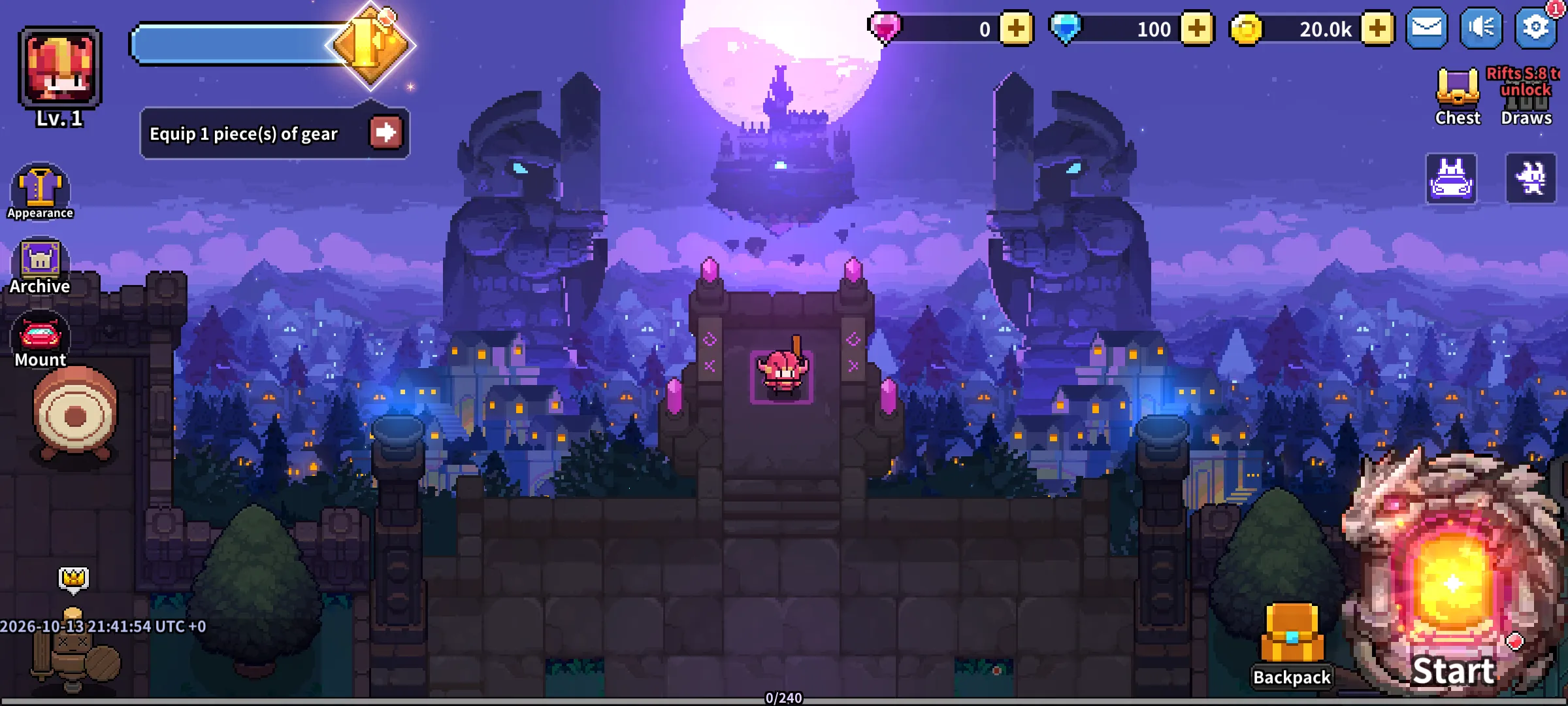 The town lobby at night with the hero standing by the gate