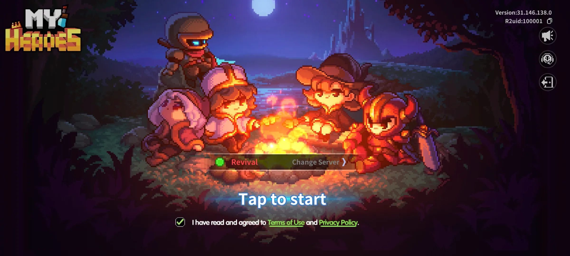 The My Heroes title screen with four heroes around a campfire, connected to the Revival server